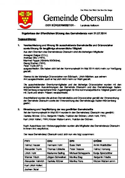 Ergebnisse der öffentlichen Sitzung des Gemeinderats vom 21.07.2014