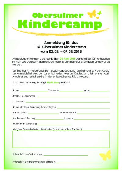 Anmeldeformular - 16. Obersulmer Kindercamp