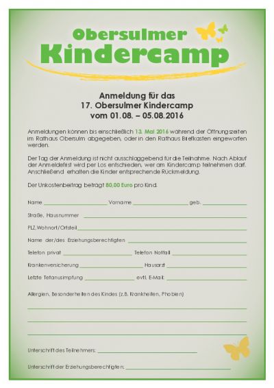 Anmeldung zum Kindercamp 2016