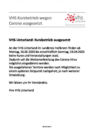 VHS-Kursbetrieb wegen Corona ausgesetzt bis 19.04.2020