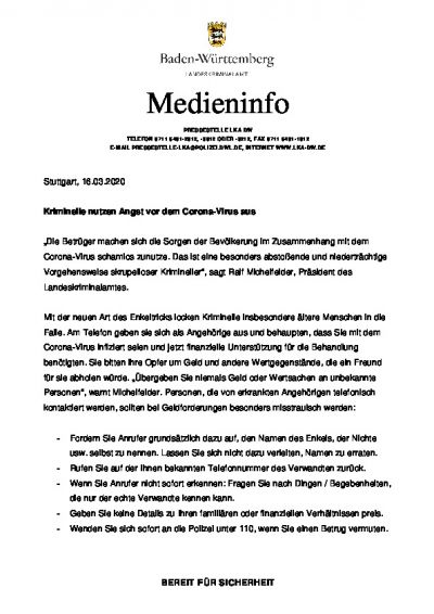 Medieninfo PRESSESTELLE LKA BW