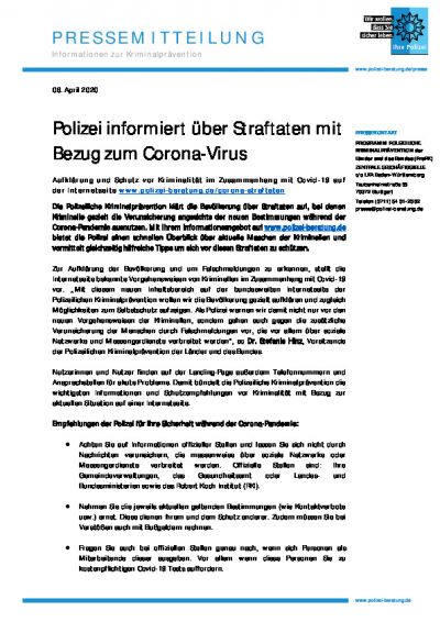 Pressemitteilung Polizei Corona Straftaten