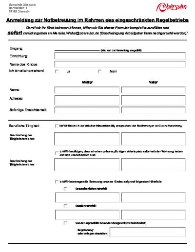 Anmeldung zur Notbetreuung - Neues Anmeldeformular (15.05.20