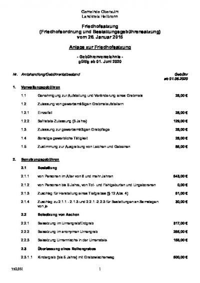 Gebührenverzeichnis zur Friedhofsatzung 01.06.2020