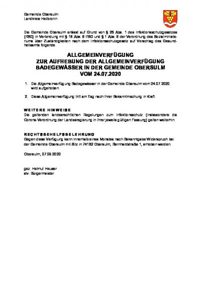 Allgemeinverfügung zur Aufhebung der Allgemeinverfügung Badegwässer in der Gemeinde Obersulm vom 24.07.2020