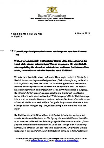 Pressemitteilung: Gastgewerbe kommt nur langsam aus dem Corona-Tief