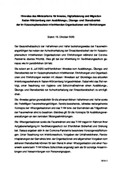 Hinweise des Ministeriums für Inneres, Digitalisierung und Migration Baden-Württemberg zum Ausbildungs-, Übungs- und Dienstbetrieb der im Katastrophenschutz mitwirkenden Organisationen und Einrichtungen