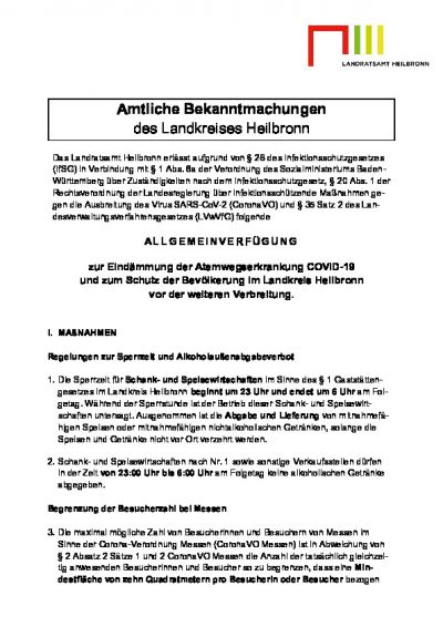 Allgemeinverfügung zur Eindämmung der Atemwegserkrankung COVID-19 und zum Schutz der Bevölkerung im Landkreis Heilbronn vor der weiteren Verbreitung