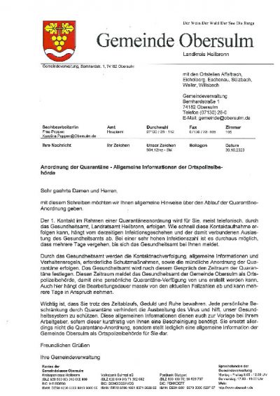Merkblatt Quarantäne-Anordnung