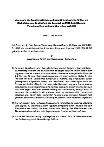 Corona-Verordnung Einreise vom 17.01.2021 gültig ab 18.01.2021