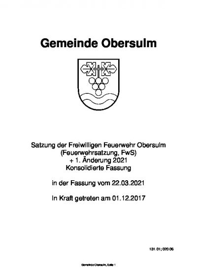 Satzung der Freiwilligen Feuerwehr Obersulm, + 1. Änderung 2021