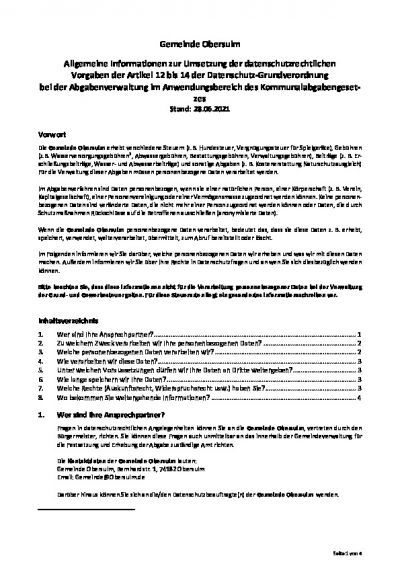 Informationen zur Datenschutz-Grundverordnung (Friedhofsgebühren, Hundesteuer, Vergnügungssteuer, Verwaltungsgebühren, Wasser/Abwasser)