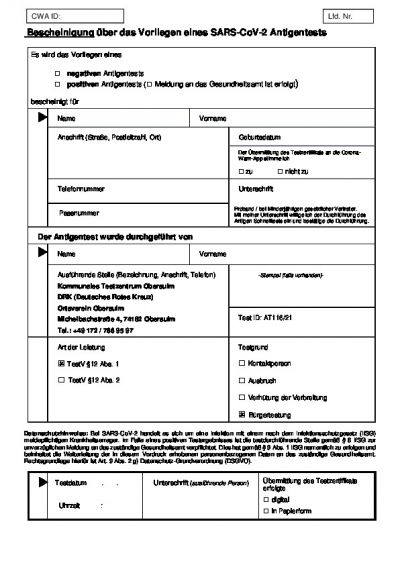 Schnelltest-Bescheinigung Deutsch