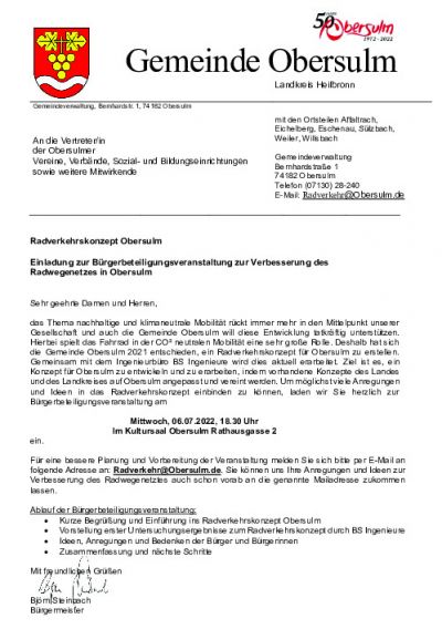 Informationsschreiben Radwegekonzept