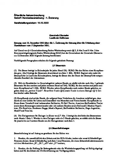 Satzung über die 1. Änderung der Satzung über die Erhebung einer Hundesteuer