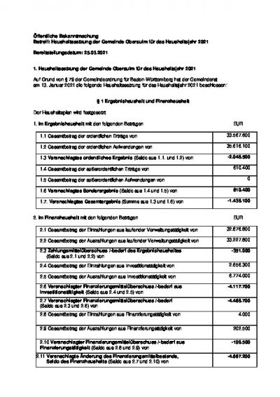 Haushaltssatzung der Gemeinde Obersulm für das Haushaltsjahr 2021