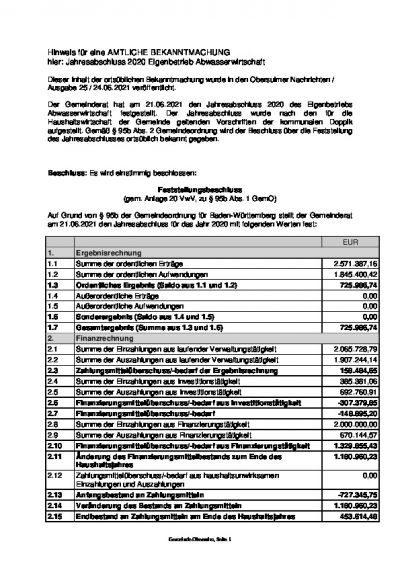 Hinweis für eine AMTLICHE BEKANNTMACHUNG - hier: Jahresabschluss 2020 Eigenbetrieb Abwasserwirtschaft