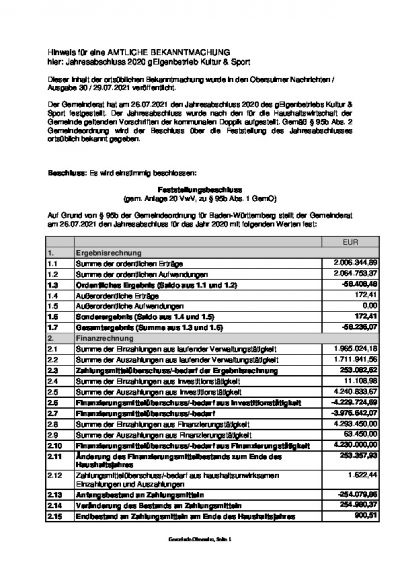 Hinweis für eine AMTLICHE BEKANNTMACHUNG - hier: Jahresabschluss 2020 gEigenbetrieb Kultur & Sport