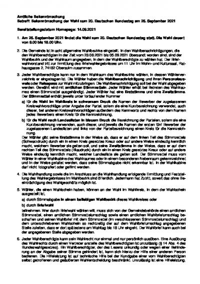 Amtliche Bekanntmachung Betreff: Bekanntmachung der Wahl zum 20. Deutschen Bundestag am 26. September 2021