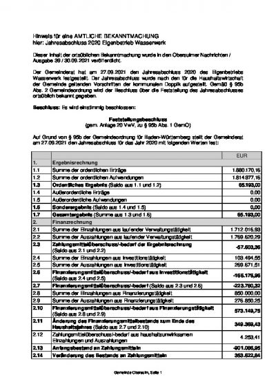 Hinweis für eine AMTLICHE BEKANNTMACHUNG hier: Jahresabschluss 2020 Eigenbetrieb Wasserwerk