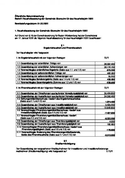 Haushaltssatzung der Gemeinde Obersulm für das Haushaltsjahr 2022