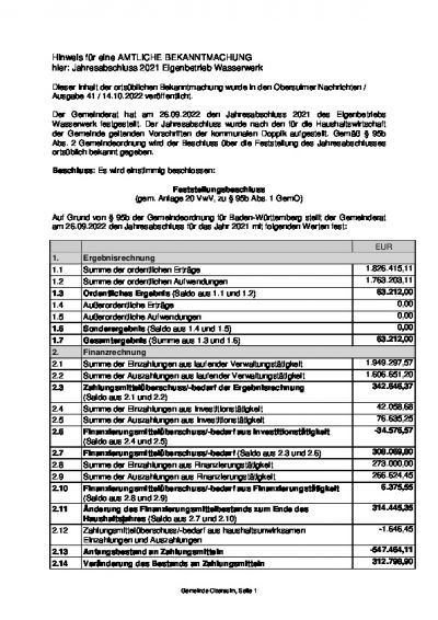 Jahresabschluss 2021 Eigenbetrieb Wasserwerk