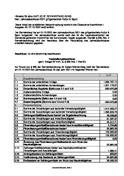 Hinweis für eine AMTLICHE BEKANNTMACHUNG hier: Jahresabschluss 2021 gEigenbetrieb Kultur & Sport
