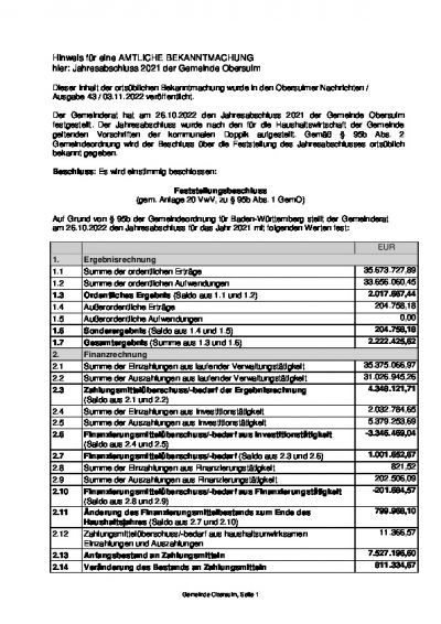 Hinweis für eine AMTLICHE BEKANNTMACHUNG hier: Jahresabschluss 2021 der Gemeinde Obersulm