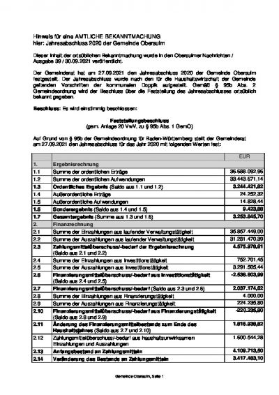 Hinweis für eine AMTLICHE BEKANNTMACHUNG hier: Jahresabschluss 2020 der Gemeinde Obersulm
