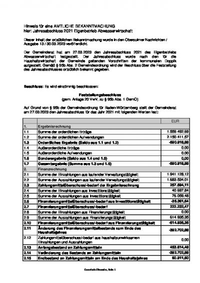 Hinweis für eine AMTLICHE BEKANNTMACHUNG - hier: Jahresabschluss 2021 Eigenbetrieb Abwasserwirtschaft