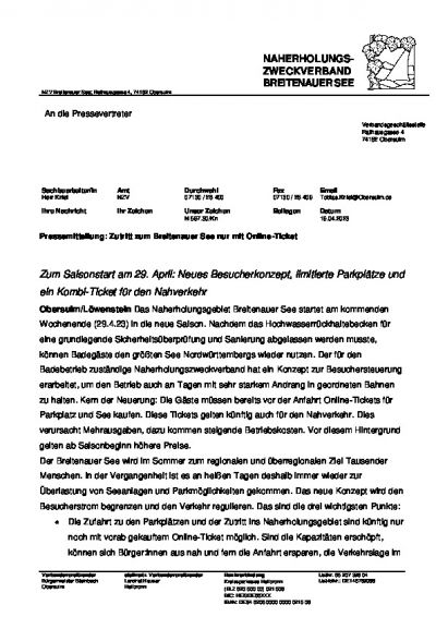 Pressemitteilung Zutritt zum Breitenauer See nur mit Online-Ticket