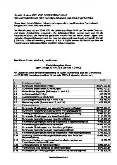 Hinweis für eine AMTLICHE BEKANNTMACHUNG hier: Jahresabschlüsse 2022 Gemeinde Obersulm und deren Eigenbetriebe