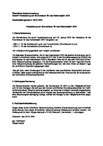 Festsetzung der Grundsteuer für das Kalenderjahr 2024