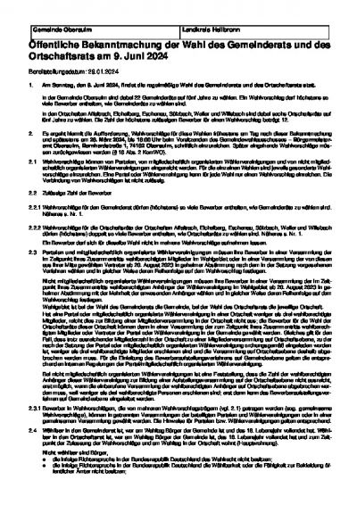 Öffentliche Bekanntmachung der Wahl des Gemeinderats und des Ortschaftsrats am 9. Juni 2024