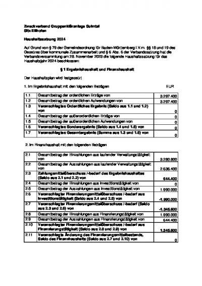 Haushaltssatzung des Zweckverbands Gruppenkläranlage Sulmtal für das Haushaltsjahr 2024