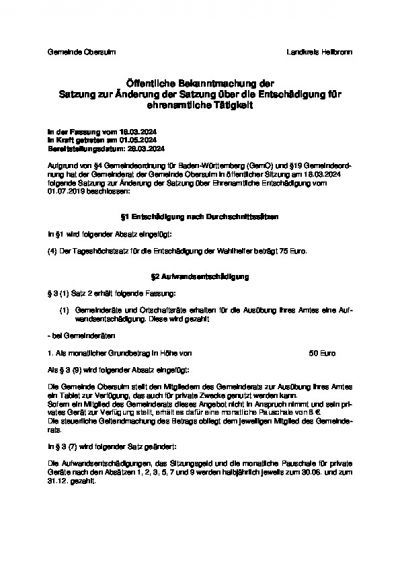 Öffentliche Bekanntmachung der Satzung zur Änderung der Satzung über die Entschädigung für ehrenamtliche Tätigkeit