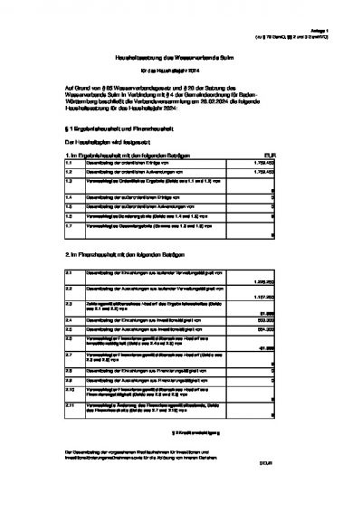 Haushaltssatzung des Wasserverbands Sulm für das Haushaltsjahr 2024