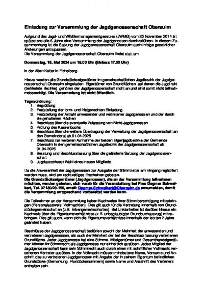 Einladung zur Versammlung der Jagdgenossenschaft Obersulm
