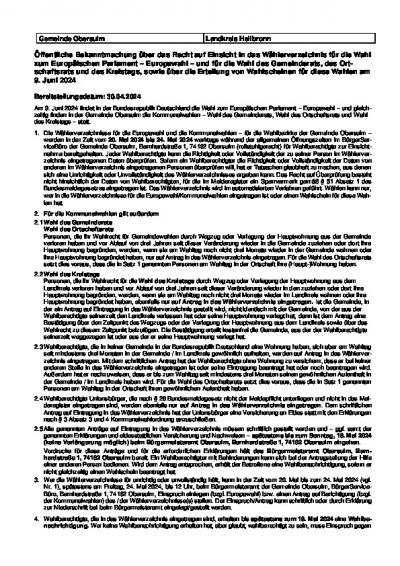 Öffentliche Bekanntmachung über das Recht auf Einsicht in das Wählerverzeichnis