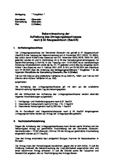 Bekanntmachung der Aufhebung des Umlegungsbeschlusses nach § 50 Baugesetzbuch (BauGB)