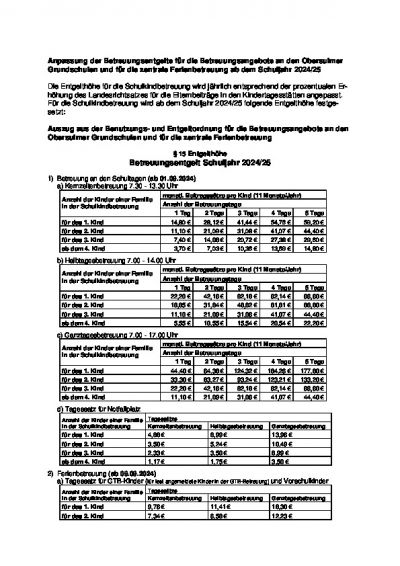 Betreuungsentgelte für die Betreuungsangebote an den Obersulmer Grundschulen und für die zentrale Ferienbetreuung ab dem Schuljahr 2024/25