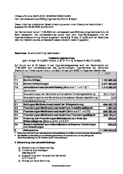 Hinweis für eine AMTLICHE BEKANNTMACHUNG - hier Jahresabschluss