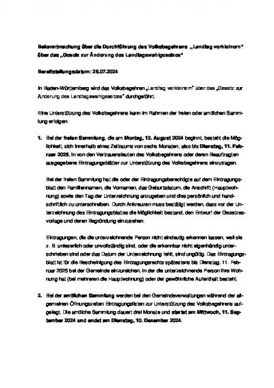 Bekanntmachung über die Durchführung des Volksbegehrens „Landtag verkleinern“ über das „Gesetz zur Änderung des Landtagswahlgesetzes“
