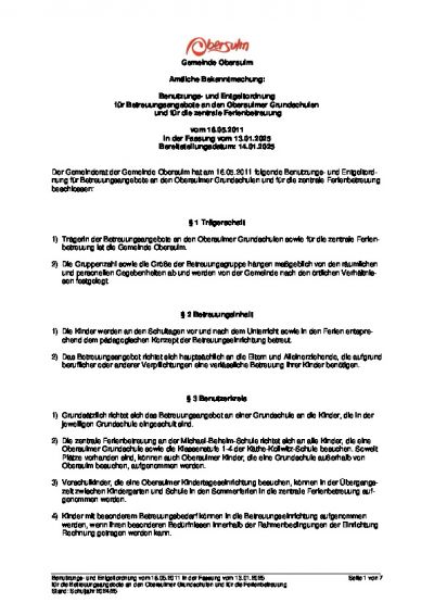 Benutzungs- und Entgeltordnung für Betreuungsangebote an den Obersulmer Grundschulen und für die zentrale Ferienbetreuung