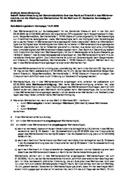 Bekanntmachung der Gemeindebehörde über das Recht auf Einsicht in das Wählerverzeichnis und die Erteilung von Wahlscheinen für die Wahl zum 21. Deutschen Bundestag am 23.02.2025
