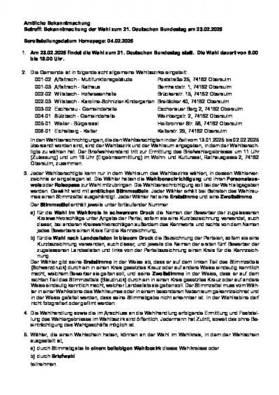 Bekanntmachung der Wahl