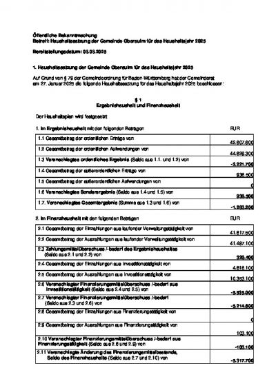 Haushaltssatzung der Gemeinde Obersulm