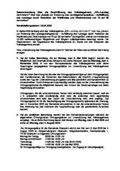 Bekanntmachung über die Durchführung des Volksbegehrens