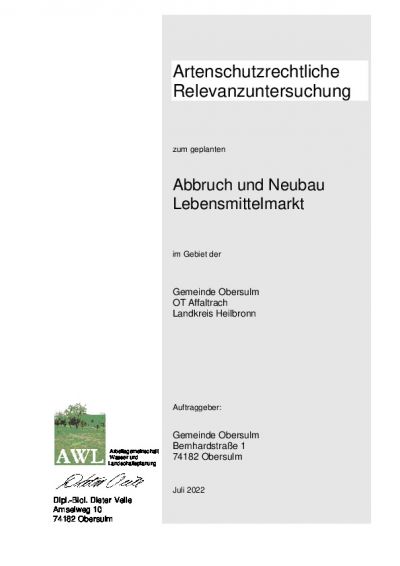 Anlage 1 - Artenschutzrechtliche Relevanzuntersuchung