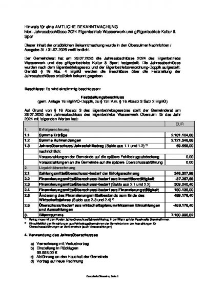 Jahresabschlüsse 2024 Eigenbetrieb Wasserwerk und gEigenbetrieb Kultur & Sport